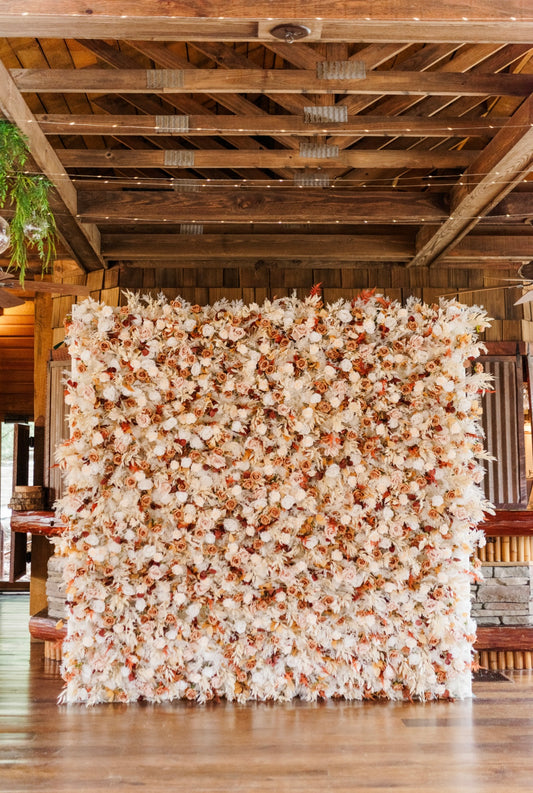 8x8 blush and ivory faux flower wall rental for photo backdrop or wedding