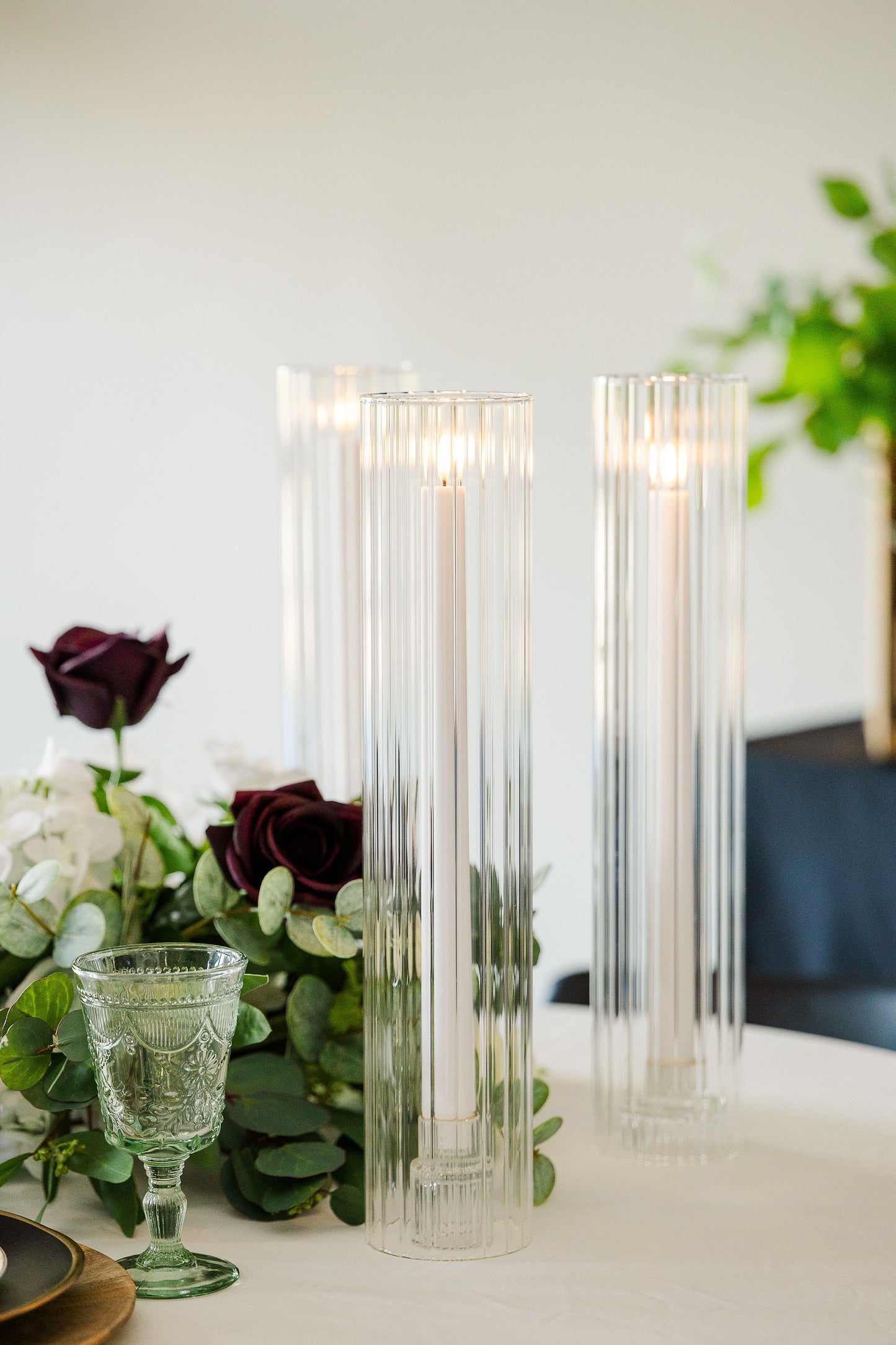 Luxury LED Taper Candle Set with Ribbed Glass Cylinders - 11" & 14" | Realistic Flameless Candles for Weddings & Events