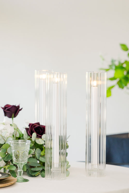 Luxury LED Taper Candle Set with Ribbed Glass Cylinders - 11" & 14" | Realistic Flameless Candles for Weddings & Events