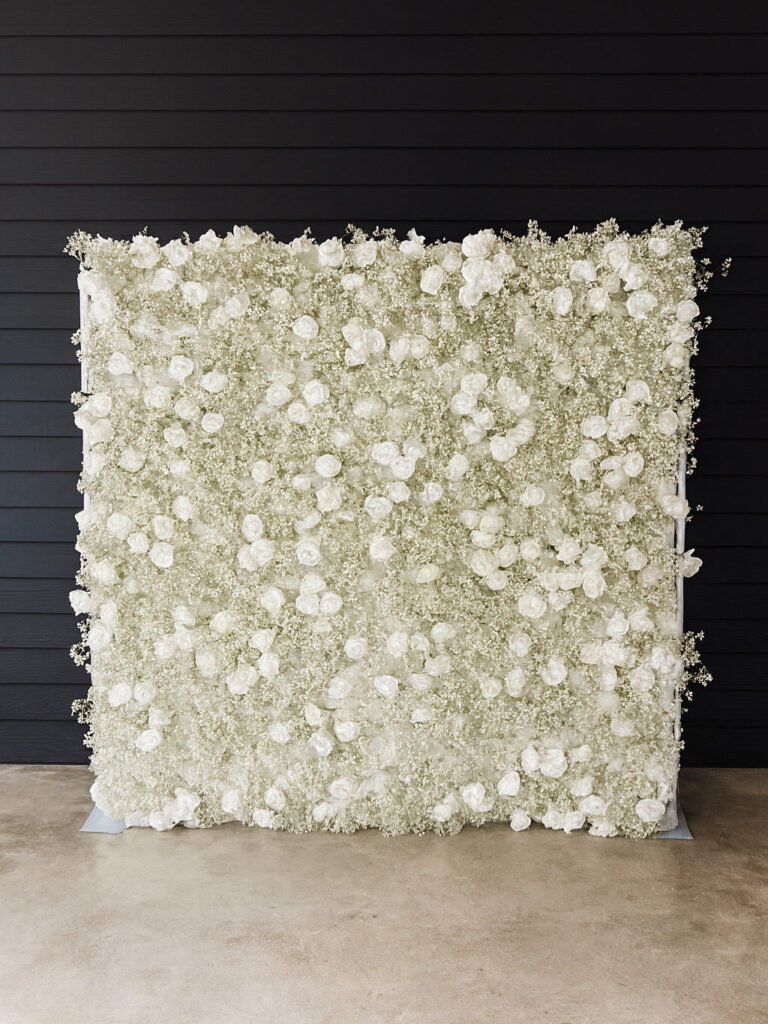 Baby’s Breath & White Rose Flower Wall — faux flower wall rental by September Tree